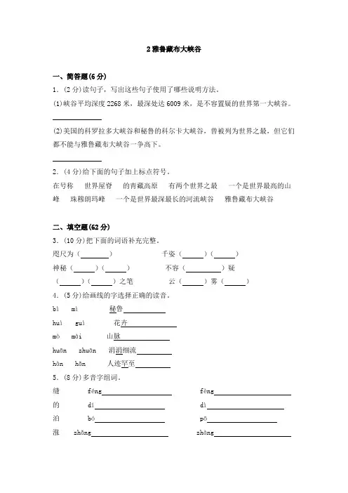 四年级上册语文同步训练一课一练《2雅鲁藏布大峡谷》人教新课标(含答案)