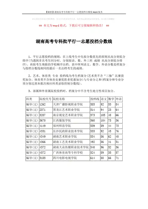 【最新】湖南高考专科批平行一志愿投档分数线word版本 (1页)