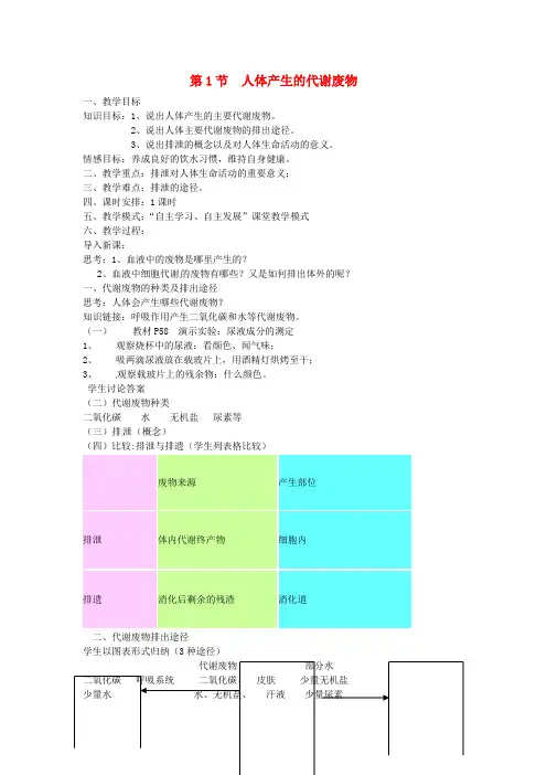 北师大初中生物七下《11第1节 人体产生的代谢废物》word教案 (2)