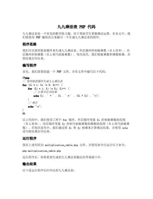 九九乘法表php代码