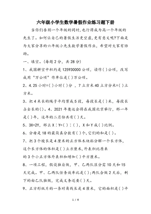 六年级小学生数学暑假作业练习题下册