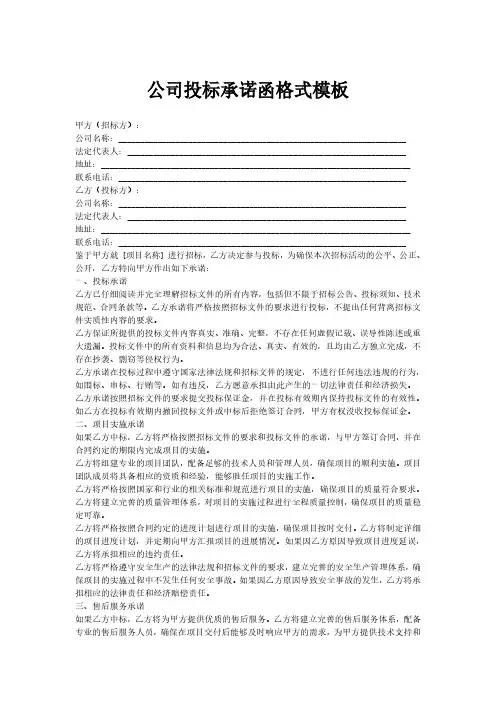 公司投标承诺函格式模板