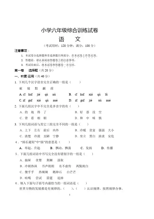 小学六年级语文综合训练试卷含答案