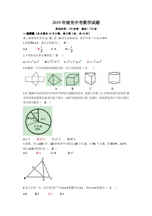 四川省南充市2019初中学业水平考试数学试题(含答案)