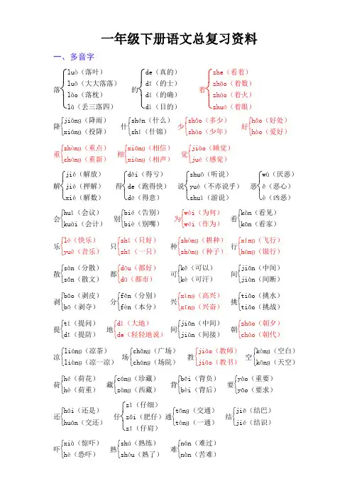 部编版小学一年级语文下册各单元总复习资料(多音字,形近字,近反义词,日积月累)