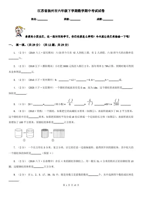 江苏省扬州市六年级下学期数学期中考试试卷