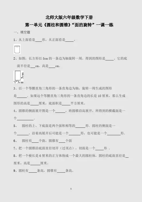 【精品】六年级数学下册一课一练-面的旋转   北师大版(含答案)sc1.22