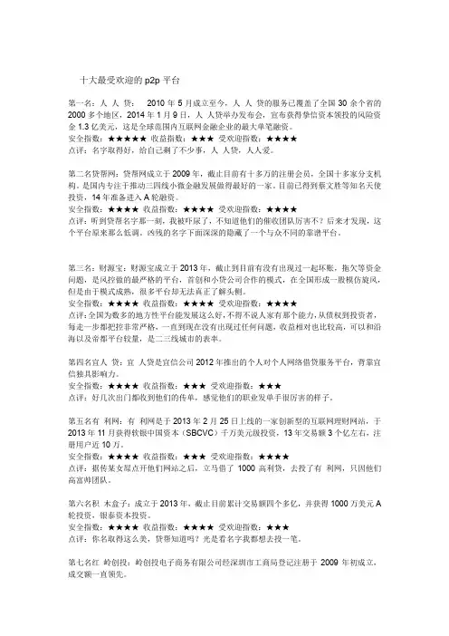 十大最受欢迎的p2p平台