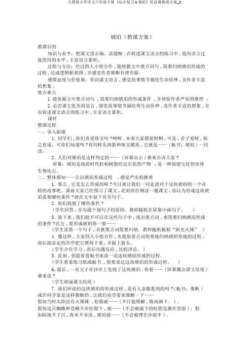 人教版小学语文六年级下册《综合复习6琥珀》优质课教学设计_3