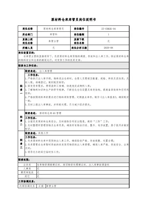 3原材料仓库管理员岗位说明书