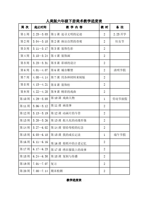 人美版六年级下册美术教学进度表