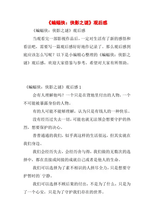 《蝙蝠侠：侠影之谜》观后感