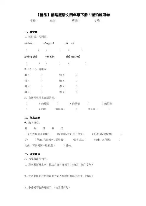 小学部编版语文四年级下册5琥珀练习卷 B(含答案解析)