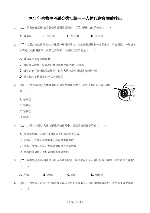 2021年生物中考题分类汇编——人体代谢废物的排出
