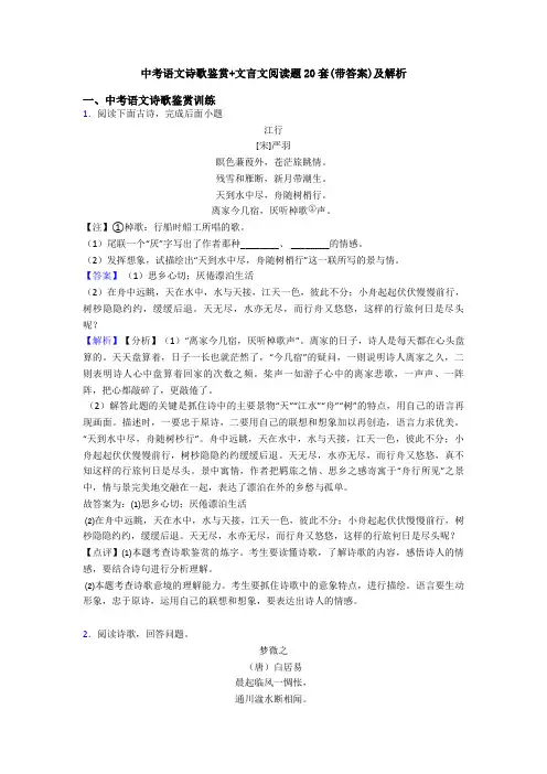 中考语文诗歌鉴赏+文言文阅读题20套(带答案)及解析