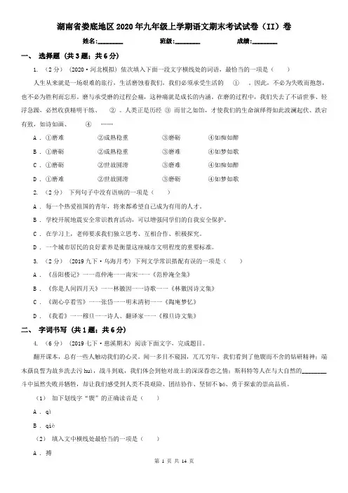湖南省娄底地区2020年九年级上学期语文期末考试试卷(II)卷