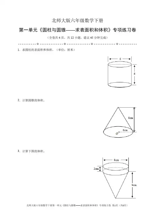 北师大版六年级数学下册第一单元《圆柱与圆锥——求表面积和体积》专项练习卷(含答案)