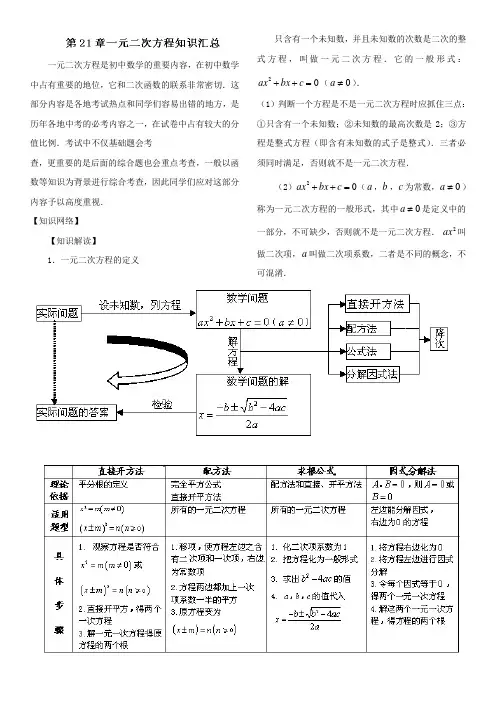 (人教版新课标)九年级数学第21章《一元二次方程》知识小结