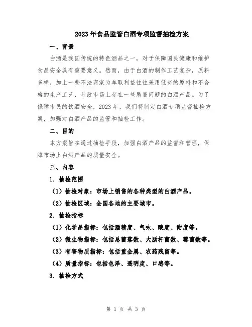 2023年食品监管白酒专项监督抽检方案