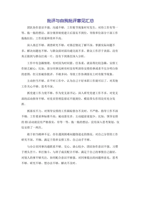 批评与自我批评意见汇总