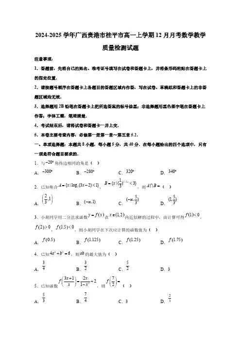 2024-2025学年广西贵港市桂平市高一上学期12月月考数学教学质量检测试题(含解析)