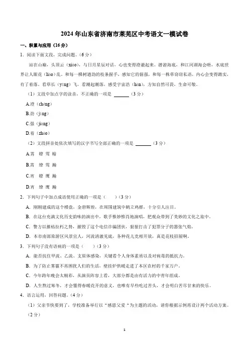 2024年山东省济南市莱芜区中考一模语文试卷(含解析)