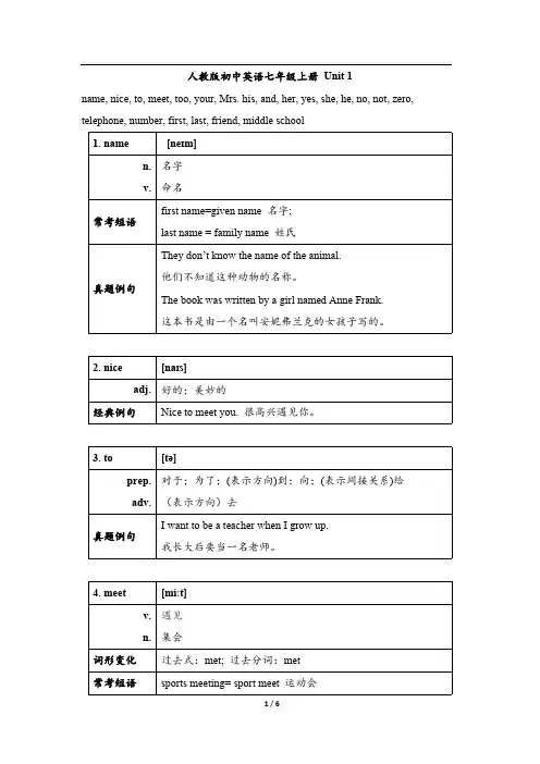 人教版英语七年级上 【中考考纲词汇详解】Unit1_My_name’s_Gina