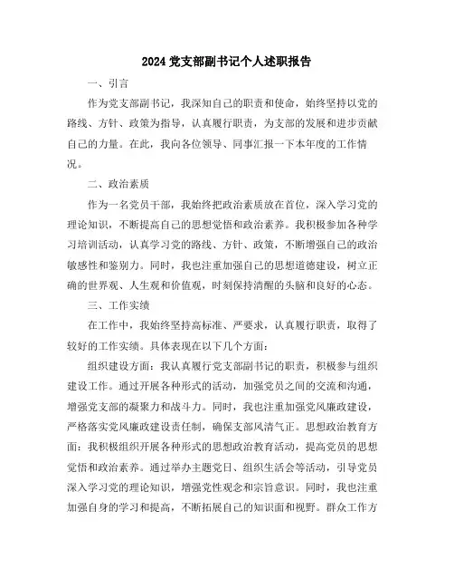 2024党支部副书记个人述职报告