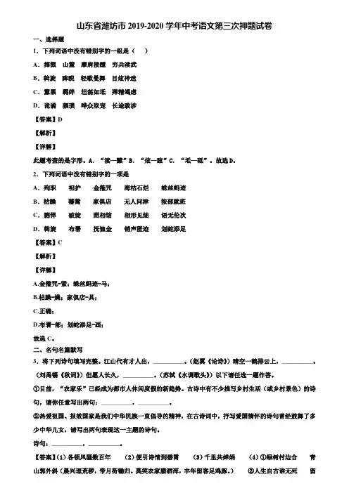 山东省潍坊市2019-2020学年中考语文第三次押题试卷含解析