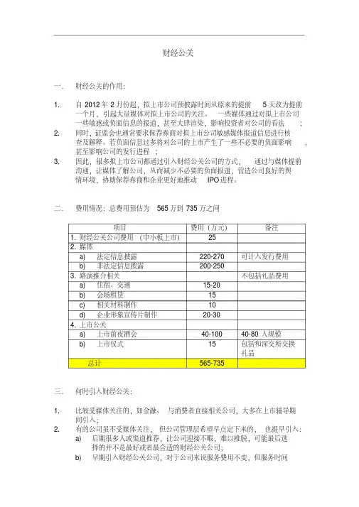 IPO财经公关费用及项目介绍