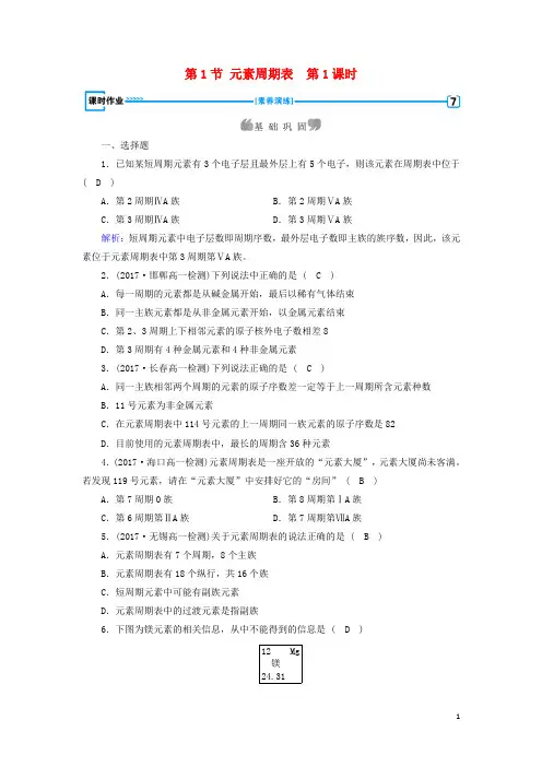 高中化学第1章物质结构元素周期律第1节元素周期表第1课时作业新人教必修2