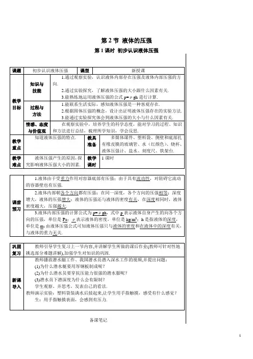 人教版八年级物理下册导学案9.2.1 初步认识液体压强