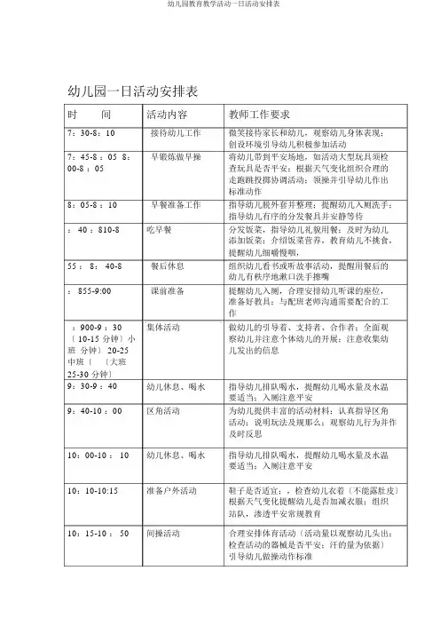 幼儿园教学活动一日活动安排表