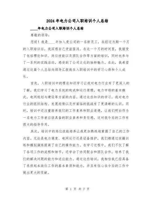 2024年电力公司入职培训个人总结(2篇)