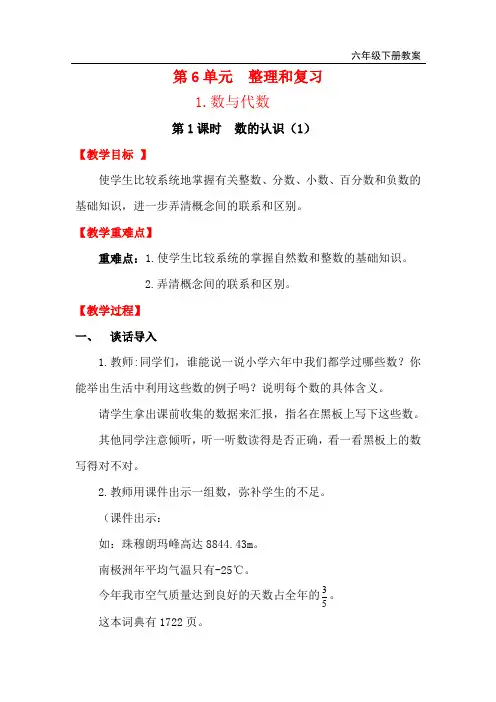 人教版六年级数学下册教案-电子教案-第6单元-第1课时 数的认识(1)