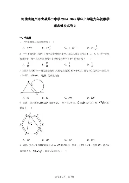 河北省沧州市青县第二中学2024-2025学年上学期九年级数学期末模拟试卷2