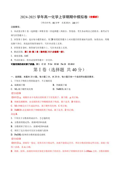 2024-2025学年高一上学期期中模拟考试化学试题(新高考通用)含解析