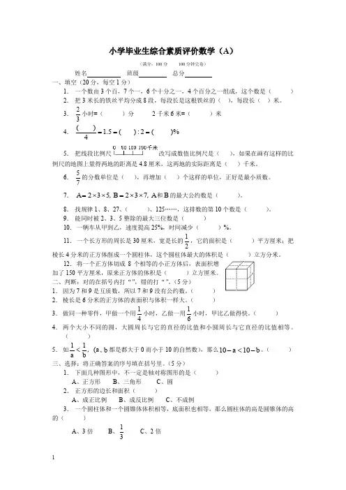 西师大版六年级数学升学毕业期末考试题