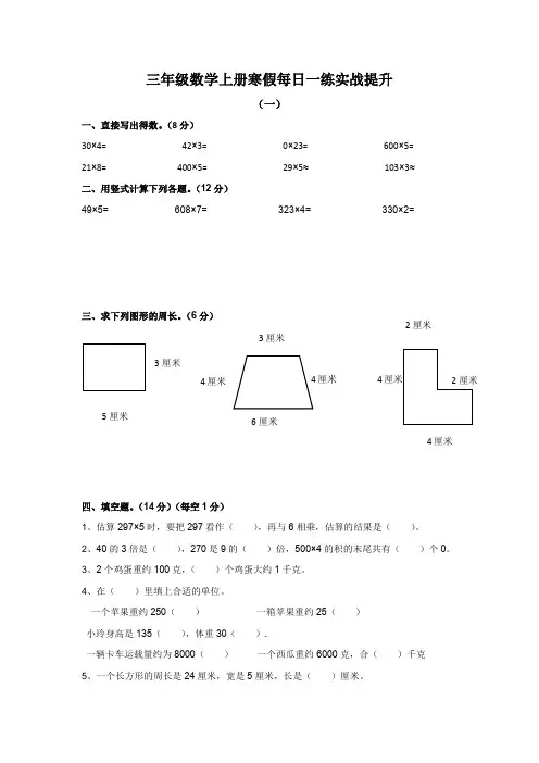 三年级数学上册寒假每日一练实战提升(寒假作业题单)
