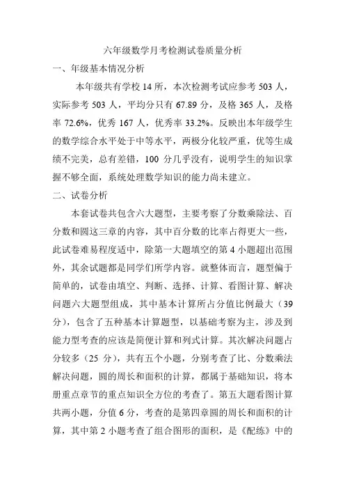 六年级数学月考检测试卷质量分析
