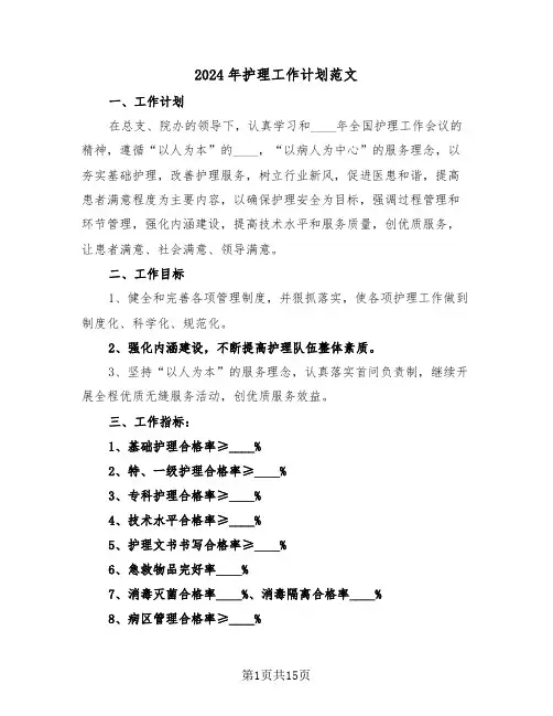 2024年护理工作计划范文(5篇)
