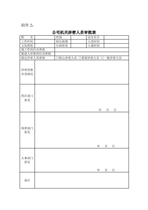 公司机关涉密人员审批表
