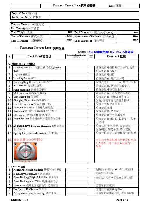 验模表topone Tooling check list