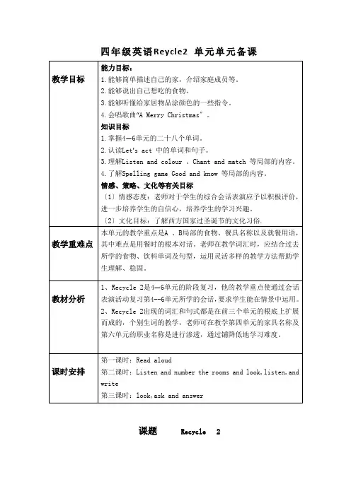 人教PEP版四年级上册Recycle 2 单元教案 1
