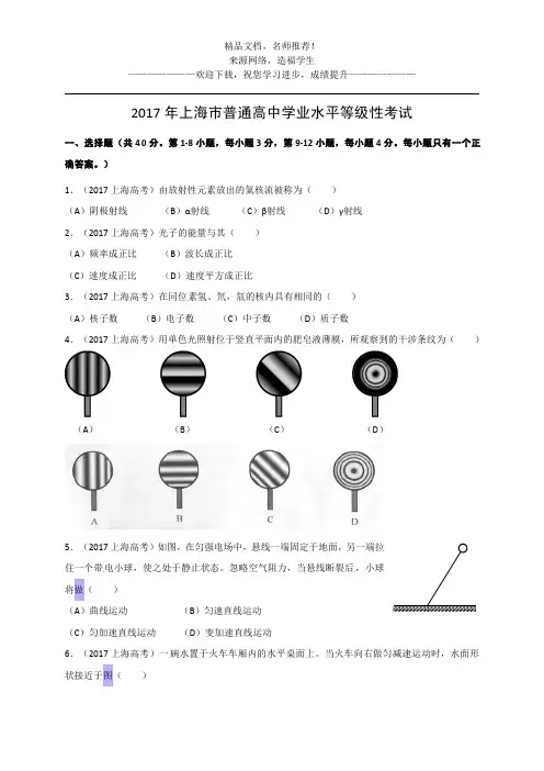 2017年上海市普通高中学业水平等级性考试物理试题(含答案)