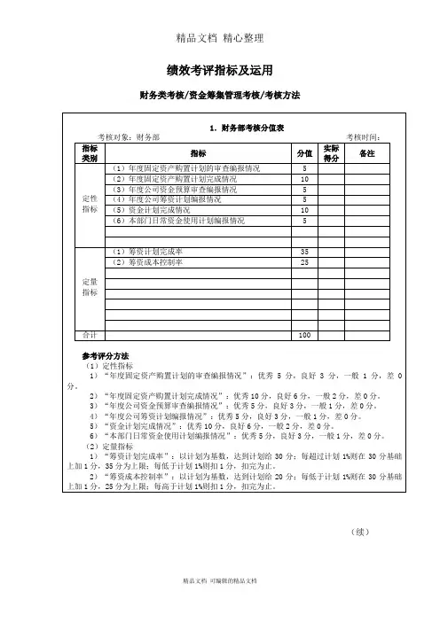 工厂各部门绩效考核分值表