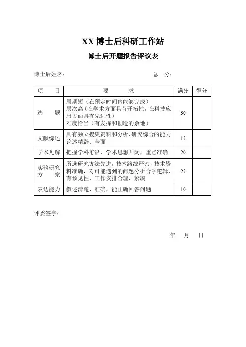 博士后科研工作站博士后开题报告评议表