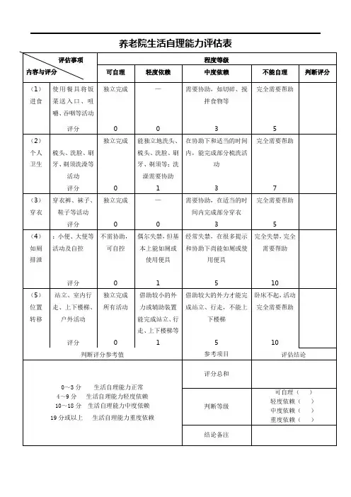 养老院生活自理能力评估表