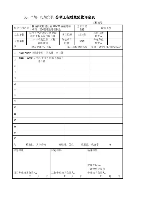 支架安装分项工程质量检验评定表