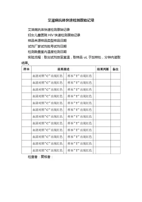 艾滋病抗体快速检测原始记录